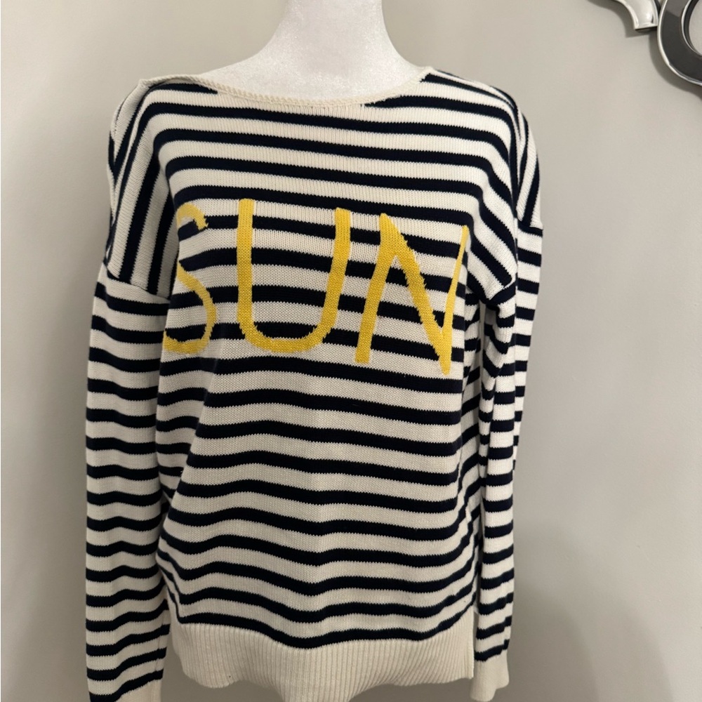 LOFT Navy and White Striped Sweater with Yellow 'SUN' Graphic